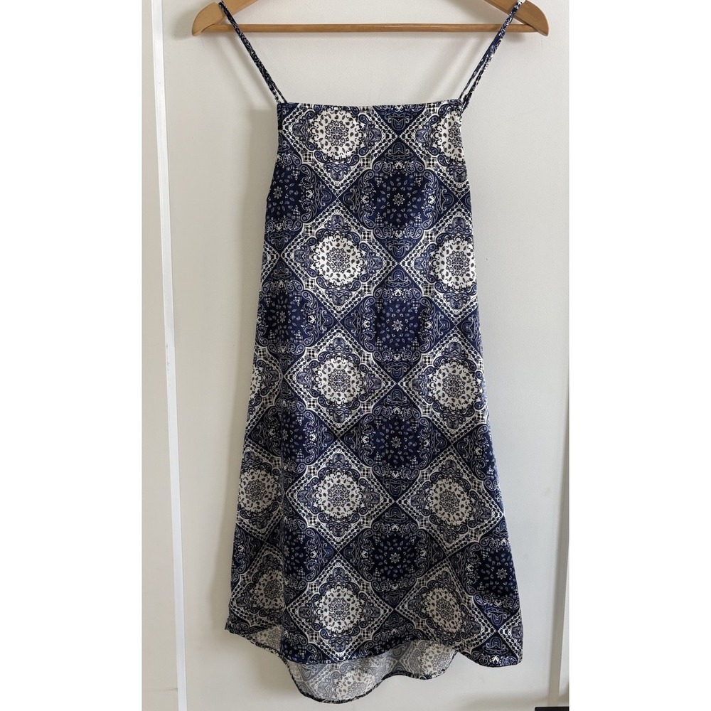 Birch & Stone Satin Paisley Dress L Square Neck Open Tie Bow Back Boho Medallion